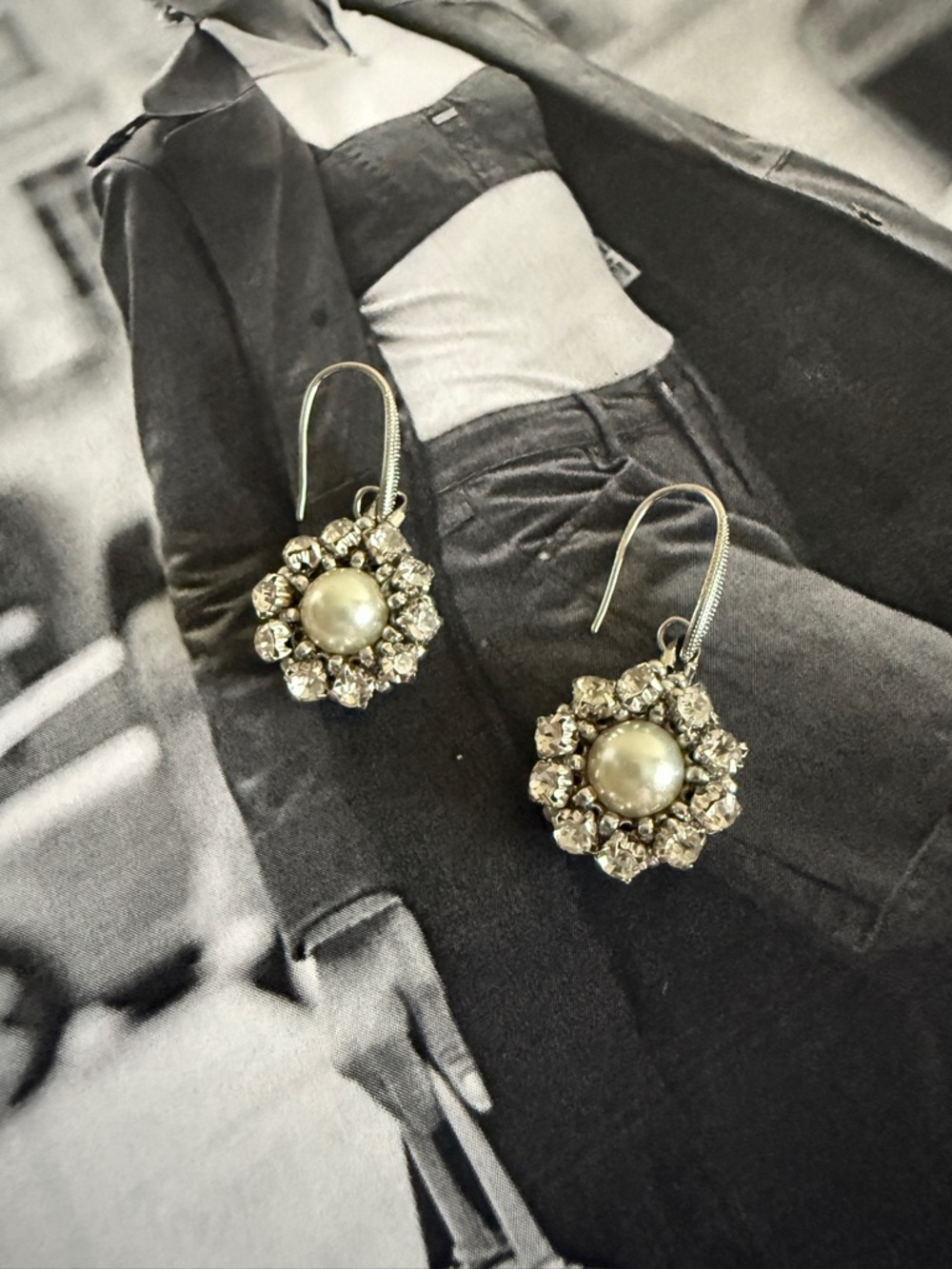 Pearl and Crystal Flower Drop Earrings - Silver Tone handmade